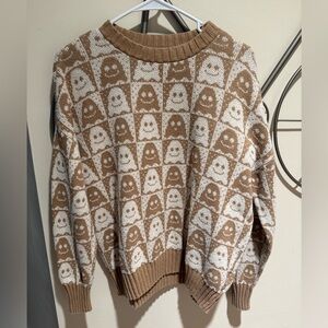 American Eagle Outfitters Tan & White Knit Sweater Ghosts Size XS Cotton Blend